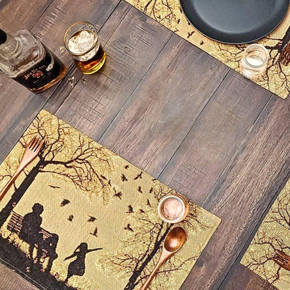 DaDalogy Farmhouse Rustic Dining Placemats - Set of 4 Tapestry Woven Cotton Halloween Kitchen Table Mats Fall Silhouette Decor - Family Cozy Cabin Orange Tan Black Decorative - 13” x 19”
