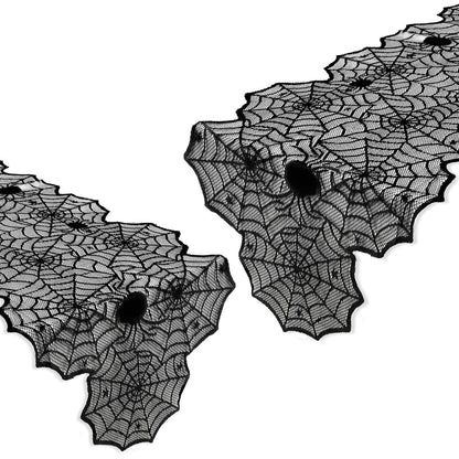 DTOFOOT 4 Pack Halloween Table Runner, 18 x 72 Inch Black Lace Spider Web Table Runner for Halloween Decorations Gothic Cobweb Tablecloth for Dining Table Fireplace Mantel Party Decor