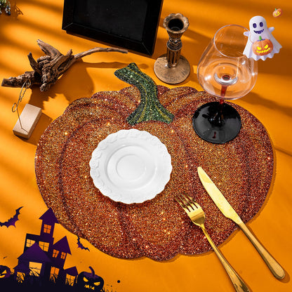 Cumouna Thanksgiving Pumpkin Placemat, Halloween Table Mats Orange Thanksgiving Fall Sparkle Pumpkin Decoration Placemat for Centerpiece Kitchen Table Party Tableware Decor