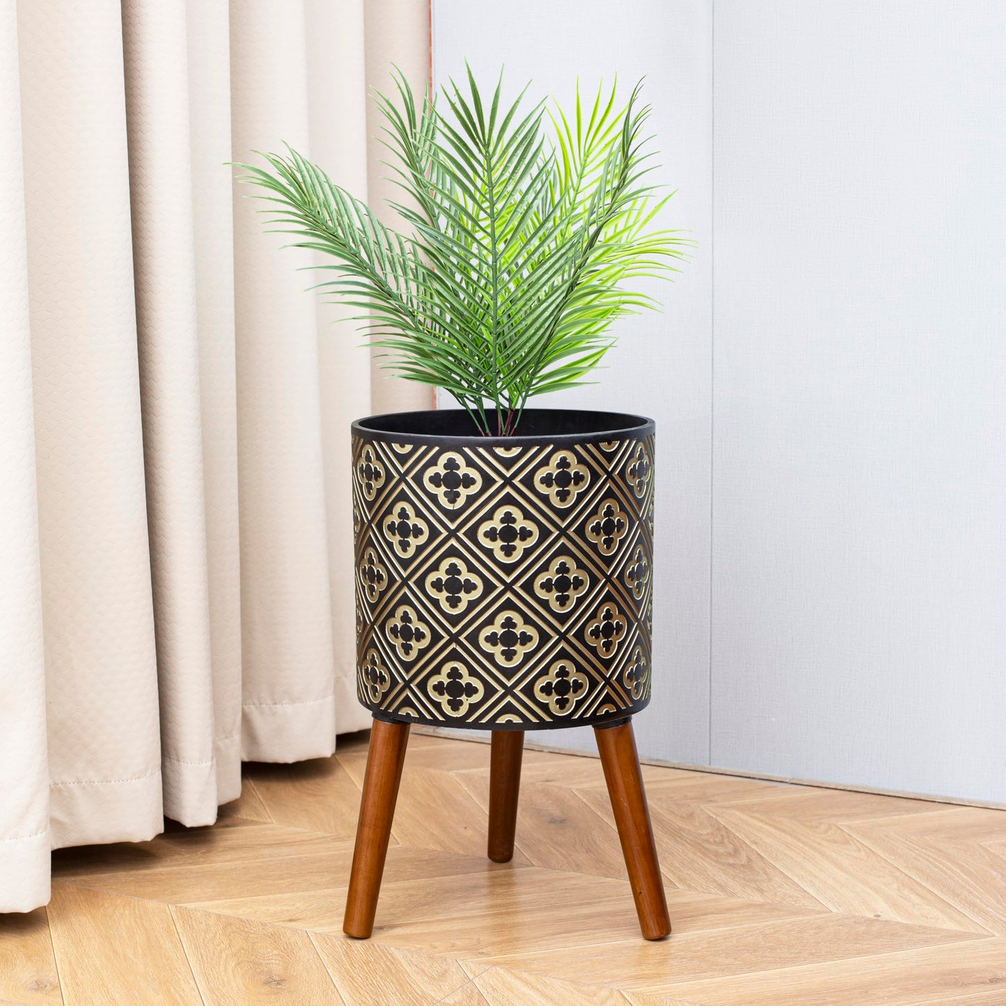 nacltlo12 Inch Plant with Stand Planter for Indoor Plants Large Modern Mid-Century Plant Pots Indoor Outdoor with Drainage for Home Garden Patio,Black and Gold