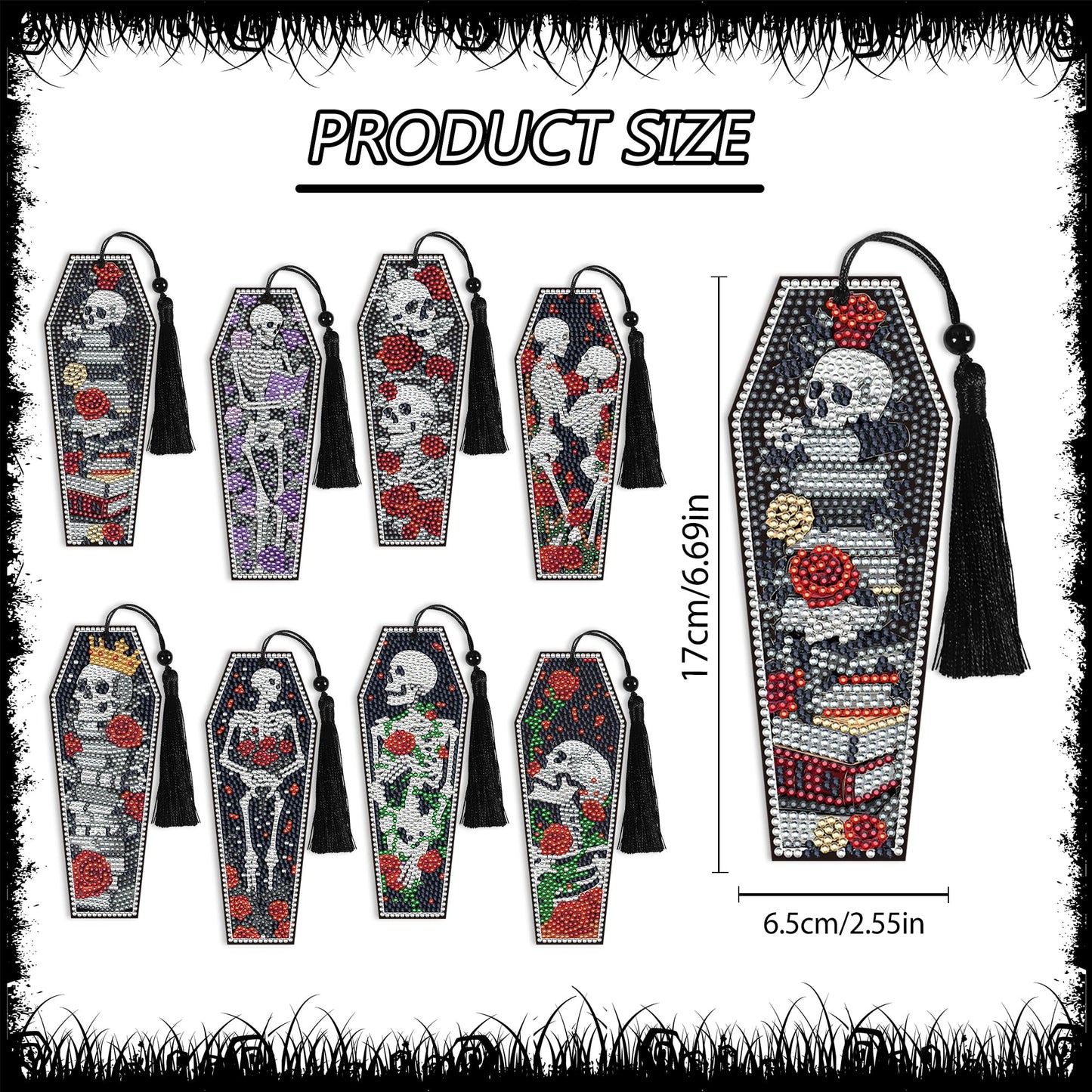 8 Pcs Gothic Skeleton Diamond Art Bookmarks Kit, Skull Halloween Diamond Painting Bookmarks with Tassels for Adults, DIY Horror Book Mark Craft Set for Women Men Reading Lovers