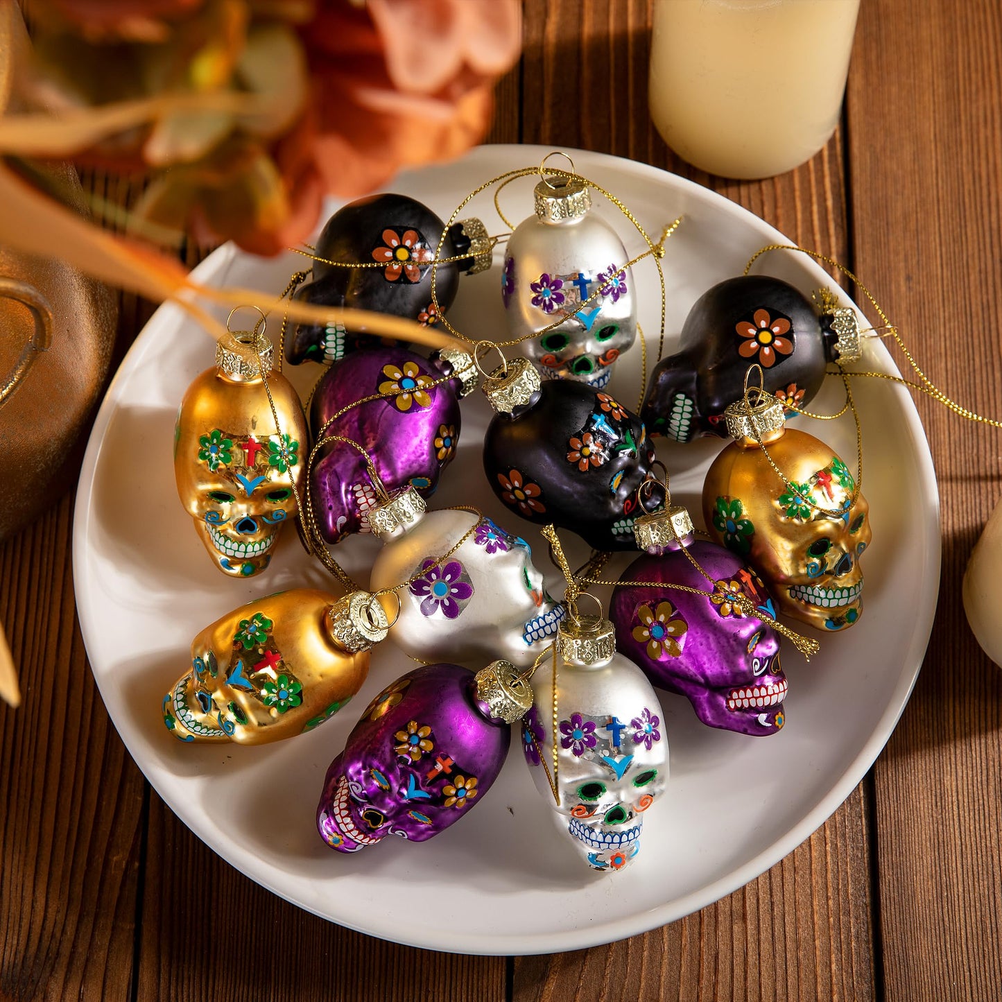 12 Pcs Day of The Dead Glass Ornaments- Dia De Los Muertos Sugar Skull Decorations- Halloween Hanging Skeleton Head Ornaments for Parties Xmas Tree Decoration