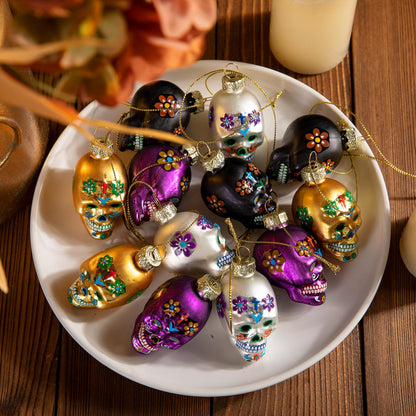 12 Pcs Day of The Dead Glass Ornaments- Dia De Los Muertos Sugar Skull Decorations- Halloween Hanging Skeleton Head Ornaments for Parties Xmas Tree Decoration