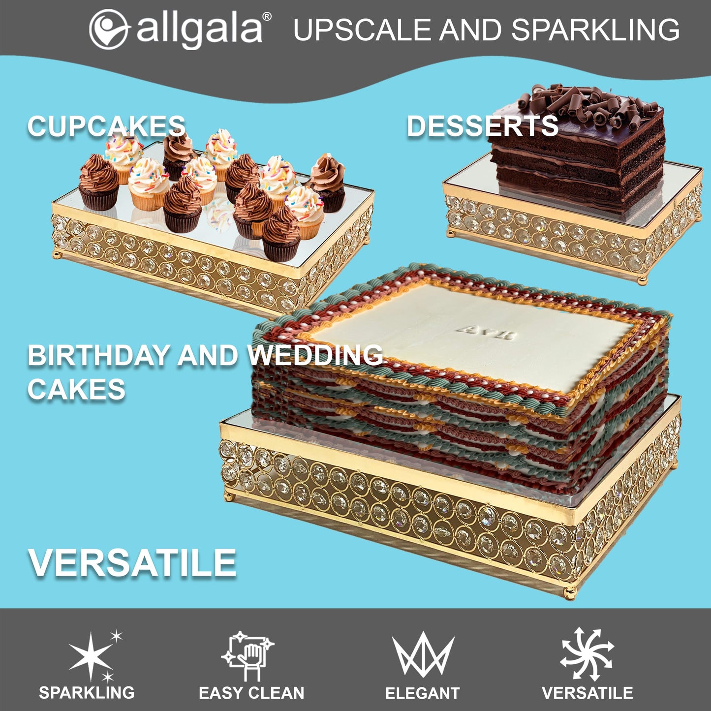 Allgala Wedding Cake Stands 3-Piece Set Crystal Gold Plated Cheese Dessert Cupcake Cake Stand with Mirror Plate-Gold Rectangle-HD89203