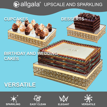 Allgala Wedding Cake Stands 3-Piece Set Crystal Gold Plated Cheese Dessert Cupcake Cake Stand with Mirror Plate-Gold Rectangle-HD89203