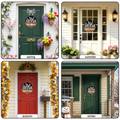 Interchangeable 3D Welcome Sign for Front Door, Rustic Round Wood Wreaths Wall Hanging Decor, House Warming Gifts New Home Decorations, for Spring Summer Fall Winter All Seasons Porch Christmas