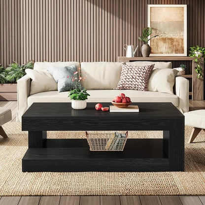 Tribesigns Coffee Table for Living Room, 47.24 Inch Farmhouse 2-Tier Accent Center Tea Cocktail Table with Storage, Rectangle, Black