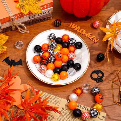 Whaline 50Pcs 20mm Halloween Beads Mixed Bubblegum Beads Set Jack-O-Lantern Spacer Bead Black Orange Chunky Jumbo Plastic Bead for Holiday Crafts Jewelry Making Boutique Craft Supplies