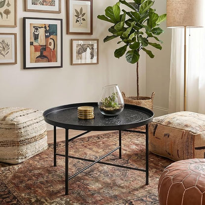 HOMCOM 24" Round Coffee Table with Hammered Tray Top, Vintage Metal Center Table for Living Room, Bedroom, Side Table, Black