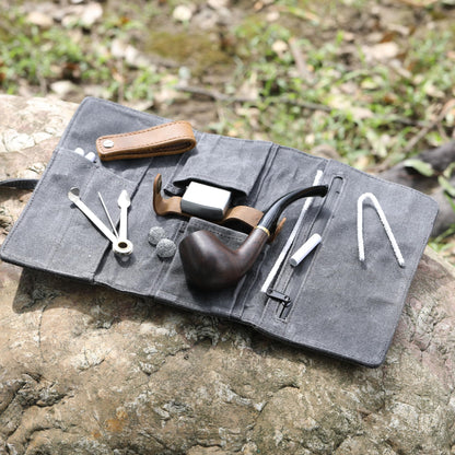 Whitluck's Waxed Canvas Tobacco Smoking Pipe Pouch with Leather Pipe Stand, Travel Pipe Case Bag for 2 Pipes and Other Accessories (Charcoal Grey)