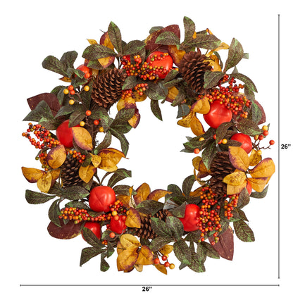 Nearly Natural 26in. Autumn Persimmon and Pinecones Artificial Fall Wreath