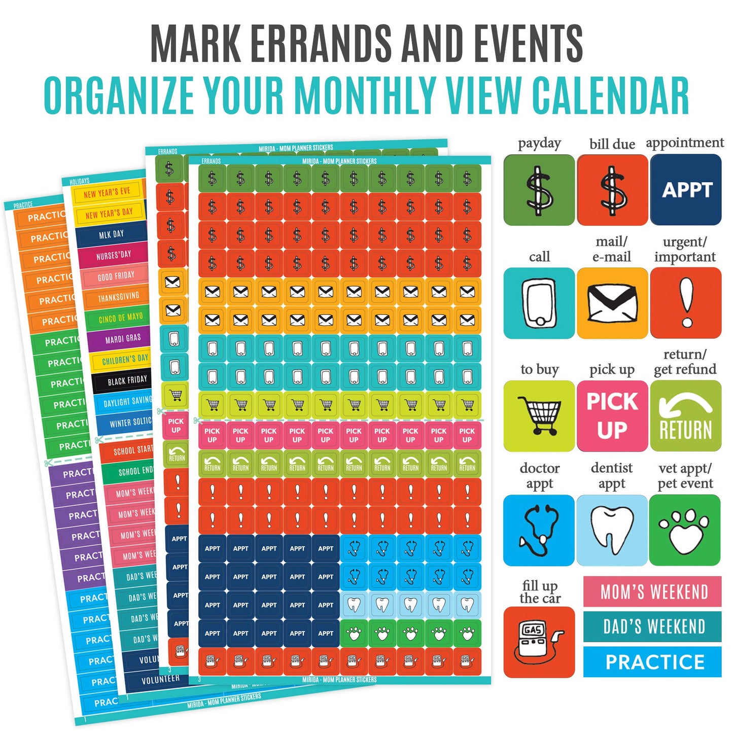 Mirida Planner Stickers - 1900+ Mom Calendar Icons, Variety Pack - Household Chores, Budget, Kids’ School Events, Daily Errands for Adults Organizer