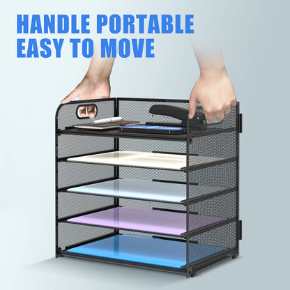 Supeasy 5 Trays Paper Organizer Letter Tray with Handle-Mesh Desk File Holders, Paper Sorter Desk Organizer for Office, Home, Classroom or School