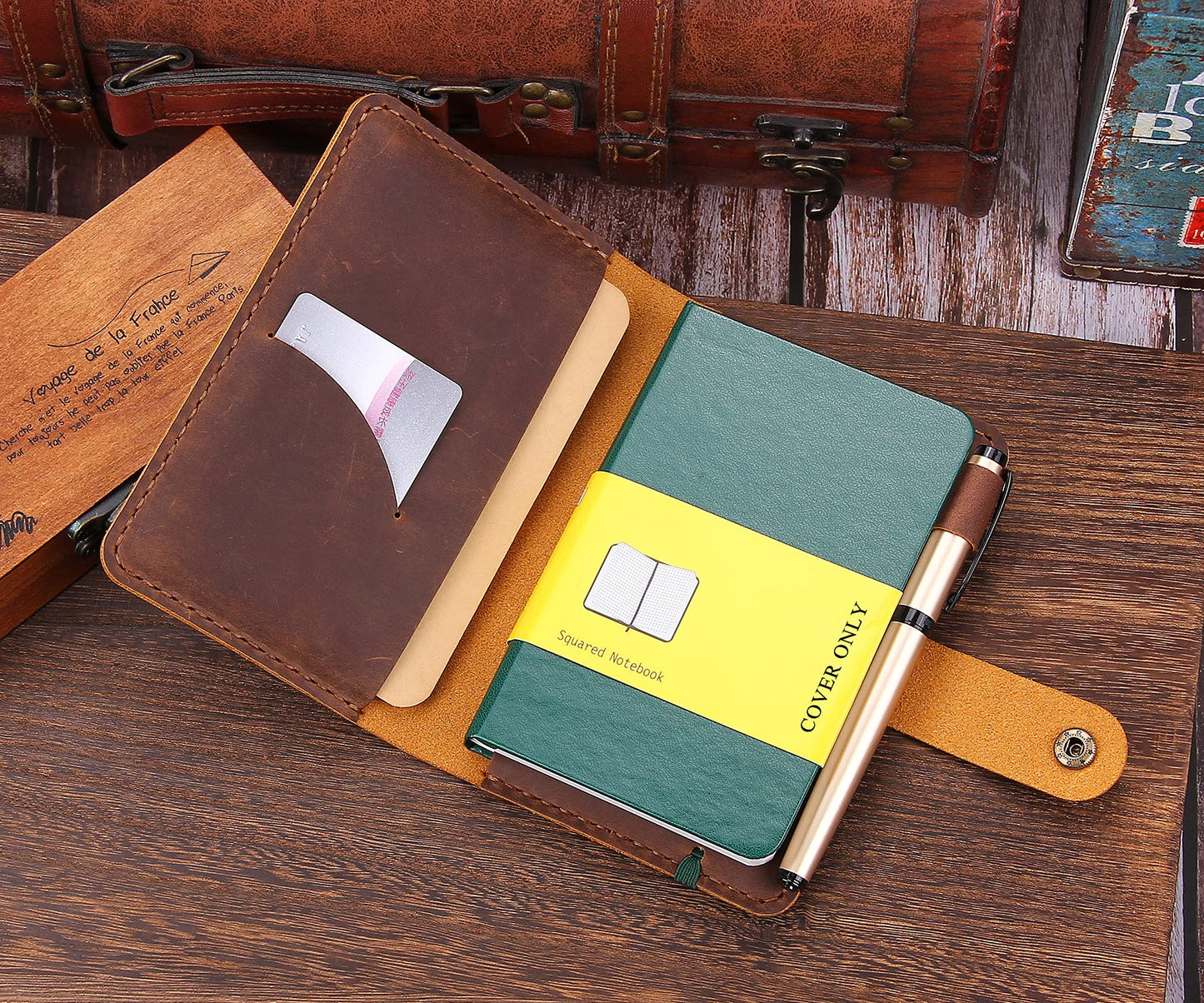 Fasjosma Leather Journal Cover for 3.5"x5.5" Hardcover Notebook, Rustic Handmade Leather Notebook Cover Compatible with Moleskine, Pocket-Sized Hardcover Notebook, Brown
