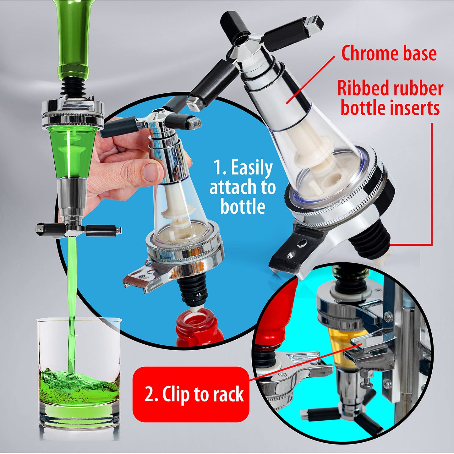 4-Bottle Liquor Dispenser, Wall Mounted Alcohol Dispenser, Spring-Loaded Upside Down Wine Beer Spirit Drink Dispenser Beverage Bottle Stand Optic Holder Rack for Home Bar KTV Night Club