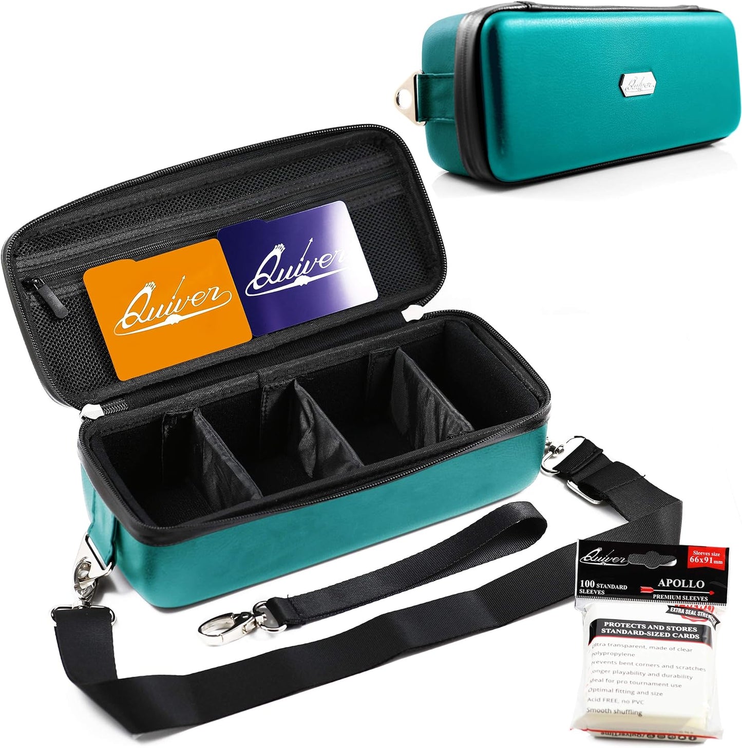 Quiver Time Teal Bolt Card Carrying Case fits Pokemon Cards and other TCG Games - Storage Bag for Playing/Trading Cards and Deck Box (Straps, Dividers & 100 Apollo Card Sleeves)