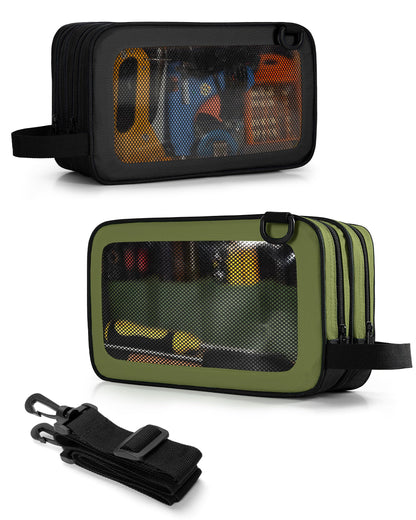 Marscamd 2 Pack Tool Pouch with Dual Compartments, 12” Tool Bag with Detachable Shoulder Strap, Carry Handle and Translucent Window, Black/Green