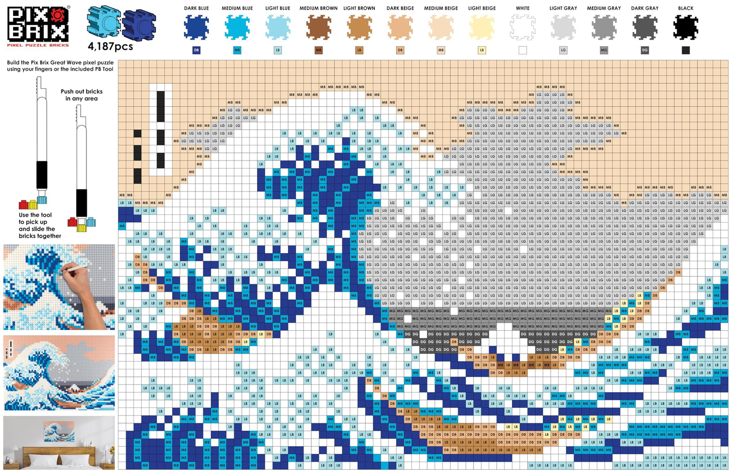 Pix Brix Pixel Art Puzzle Bricks - The Great Wave Off Kanagawa Pixel Puzzle, 4,187 Pieces - Patented Colorful Building Bricks to Recreate This Famous Print, Create Builds Without Water, Iron or Glue