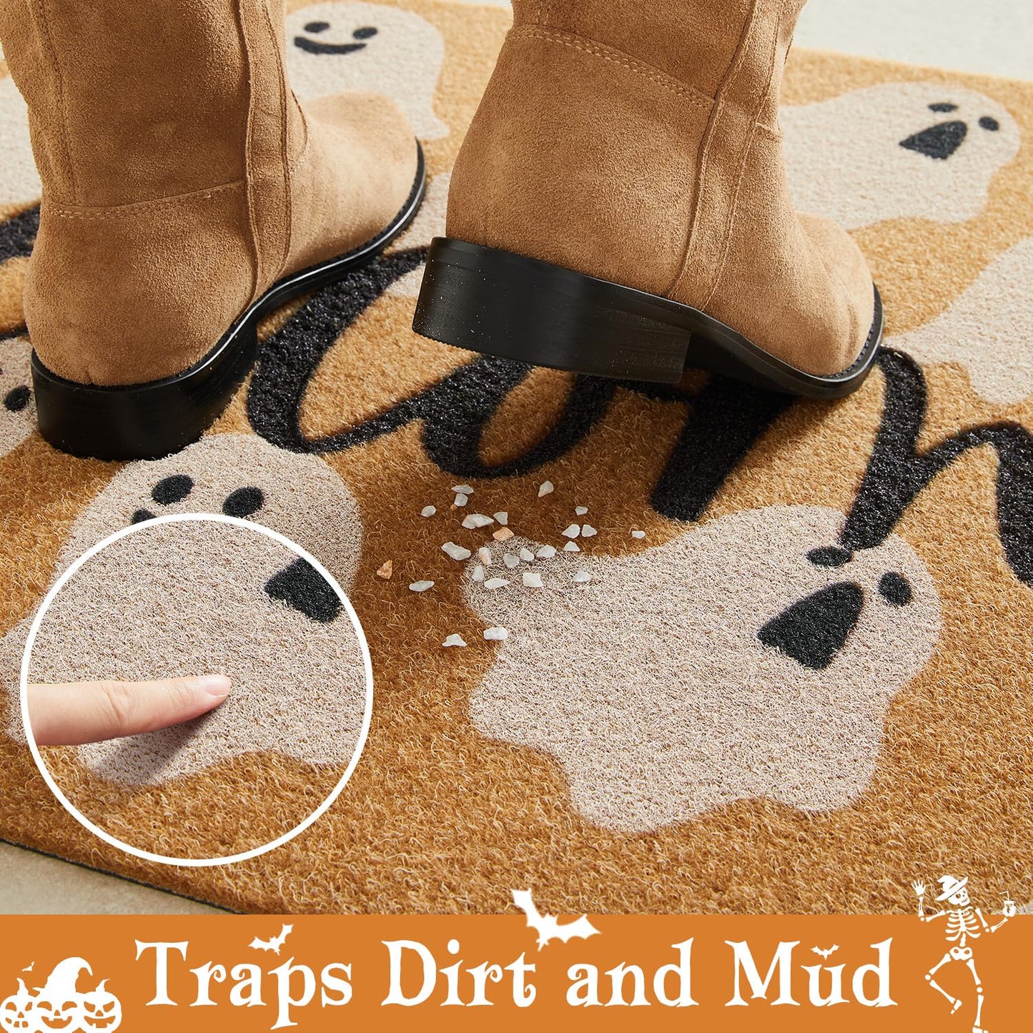 TYUU Halloween Door Mat Spooky Ghost Welcome Mat for Front Door Outdoor Entrance Doormat Coir Dirt Trapper with Non Slip Backing, 17x30, Welcome Ghost