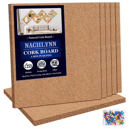NACHLYNN Cork Board 6 Pack 12 x 12 Self-Adhesive Corkboards for Wall Square Bulletin Board with 100 Push Pins Frameless Cork Tiles for Walls Home Office