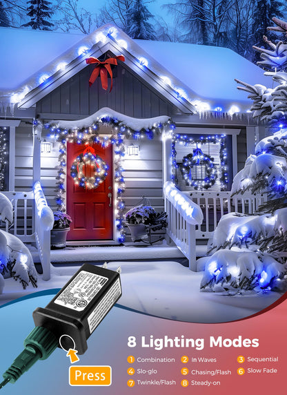 Minetom C9 LED Christmas Lights, 81ft 100 Bulbs, Waterproof, Timer & 8 Modes, Blue & Pure White, Outdoor/Indoor Decoration