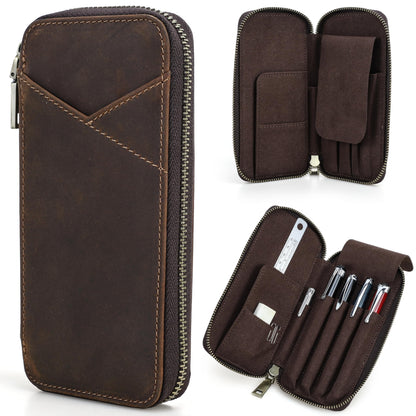 CataPurus Top Grain Genuine Leather 4 Fountain Pen/Pencil Case Pouch, Handmade Minimalist Design, Zipper Closure with Multi-Function & Slots, Gift Choice for Man/Woman/Office, Matte Coffee, 4 Slots