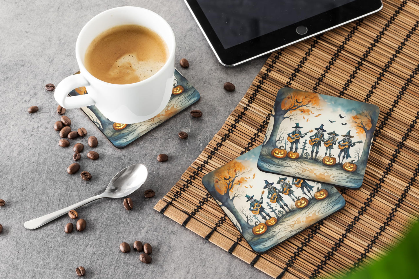 Caroline's Treasures Mariachi Skeleton Band Spooky Halloween Foam Coaster Set of 4 Cup Coasters for Indoor and Outdoor, Coaster for Tabletop Protection, Anti Slip, Mouse pad Material