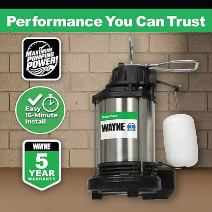 WAYNE CDU1000 1 HP Submersible Sump Pump – Cast Iron & Stainless Steel, Integrated Vertical Float Switch, 6,100 GPH, 5-Year Warranty, Assembled in USA