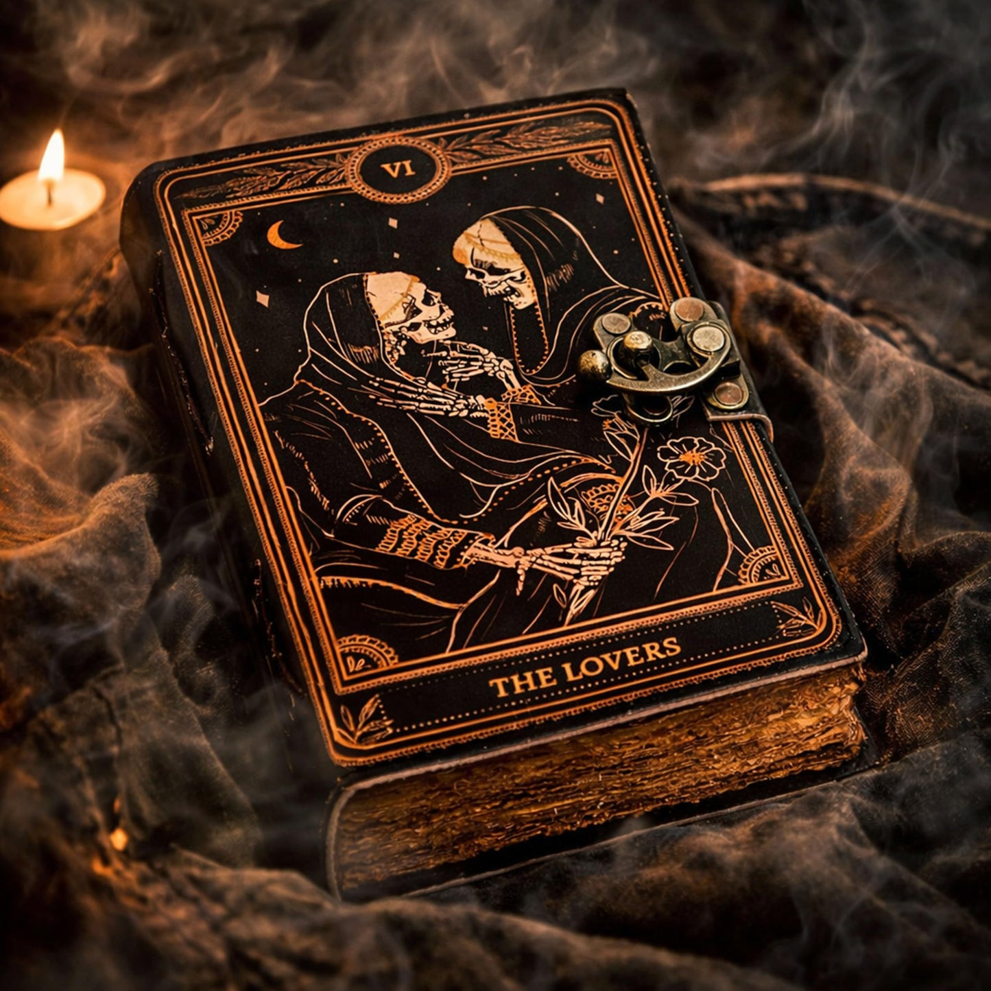 cuero Book of Spells Leather Journal Deckle Edge Paper Grimoire Printed Journal The Lovers Tarot Notebook Spiral Gothic Notebook Skull lover Antique Vintage Leather Journals for Men and Women