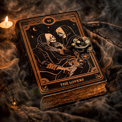 cuero Book of Spells Leather Journal Deckle Edge Paper Grimoire Printed Journal The Lovers Tarot Notebook Spiral Gothic Notebook Skull lover Antique Vintage Leather Journals for Men and Women