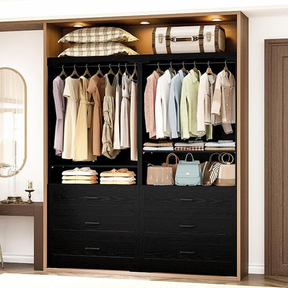 IRONCK Freestanding Closet System with 3 Wood Drawers, 31.5" Black | Modern armoire wardrobe with adjustable shelves & hanging rod, walk-in closet organizer for small spaces, space-saving design