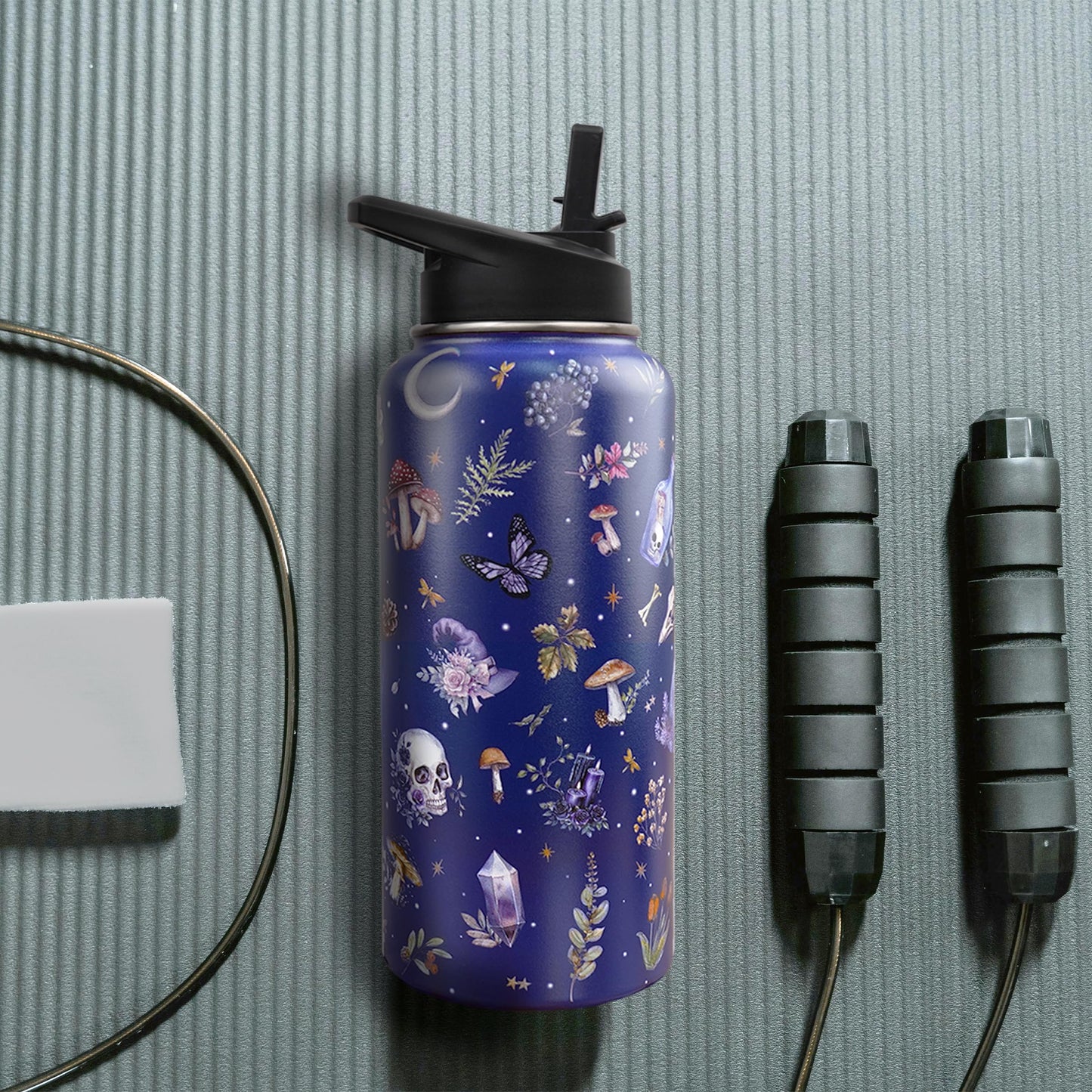 Insulated Goth Water Bottle 32 oz, Goth Gifts for Women, Halloween Gothic Water Bottle with Straw and Lid, Reusable Leakproof Tumbler Stainless Steel