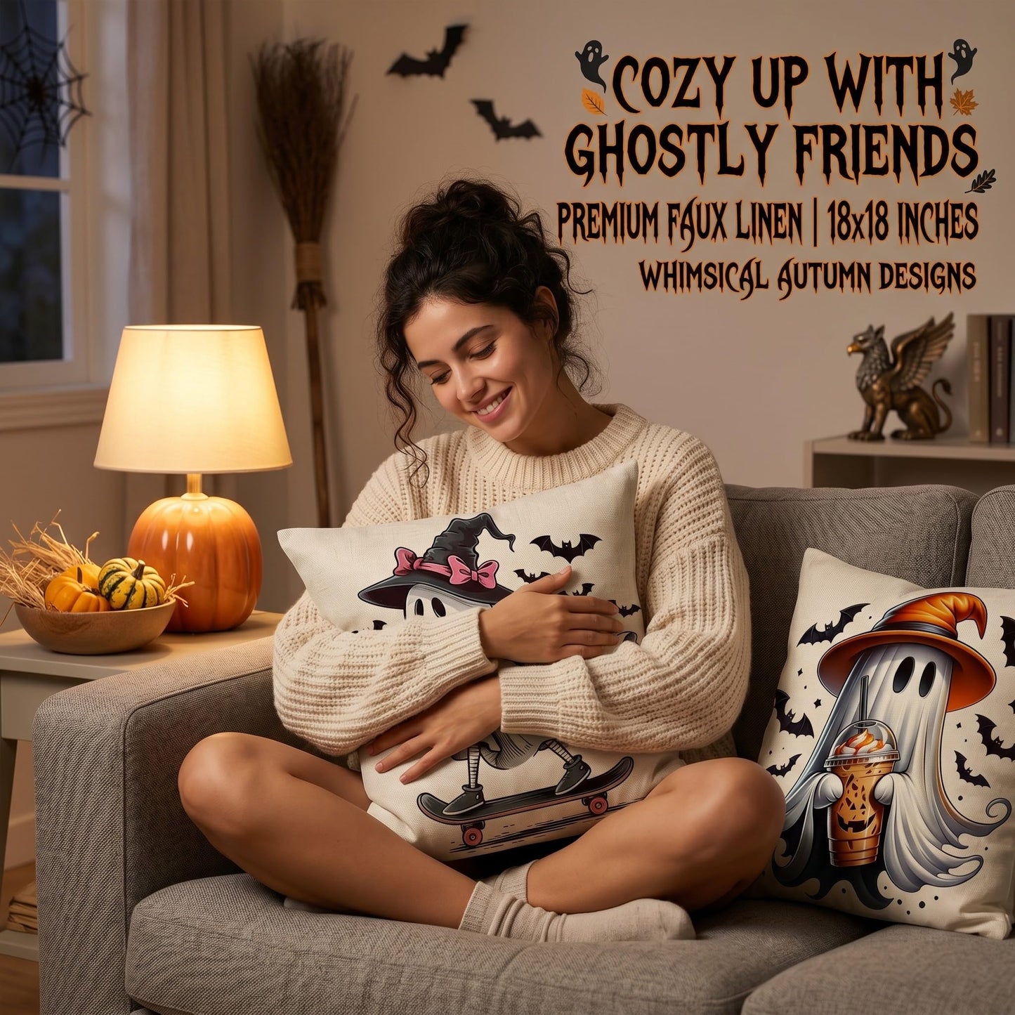 Fall Halloween Thanksgiving Pillow Covers 18x18 Set of 4, Faux Linen Polyester Decorative Throw Pillow Cases for Harvest Home Sofa Couch Bed Decor (CuteGhost)