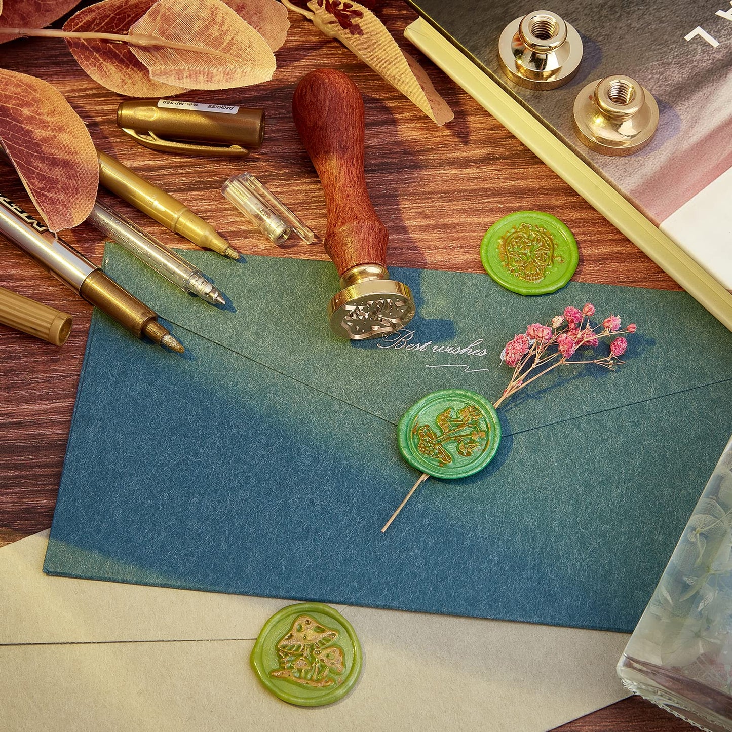 SUPERDANT Mushroom Plant Series Sealing Kit with 6 Stamp Heads - Vintage Wax Stamp Kit for Cards, Envelopes & Invitations