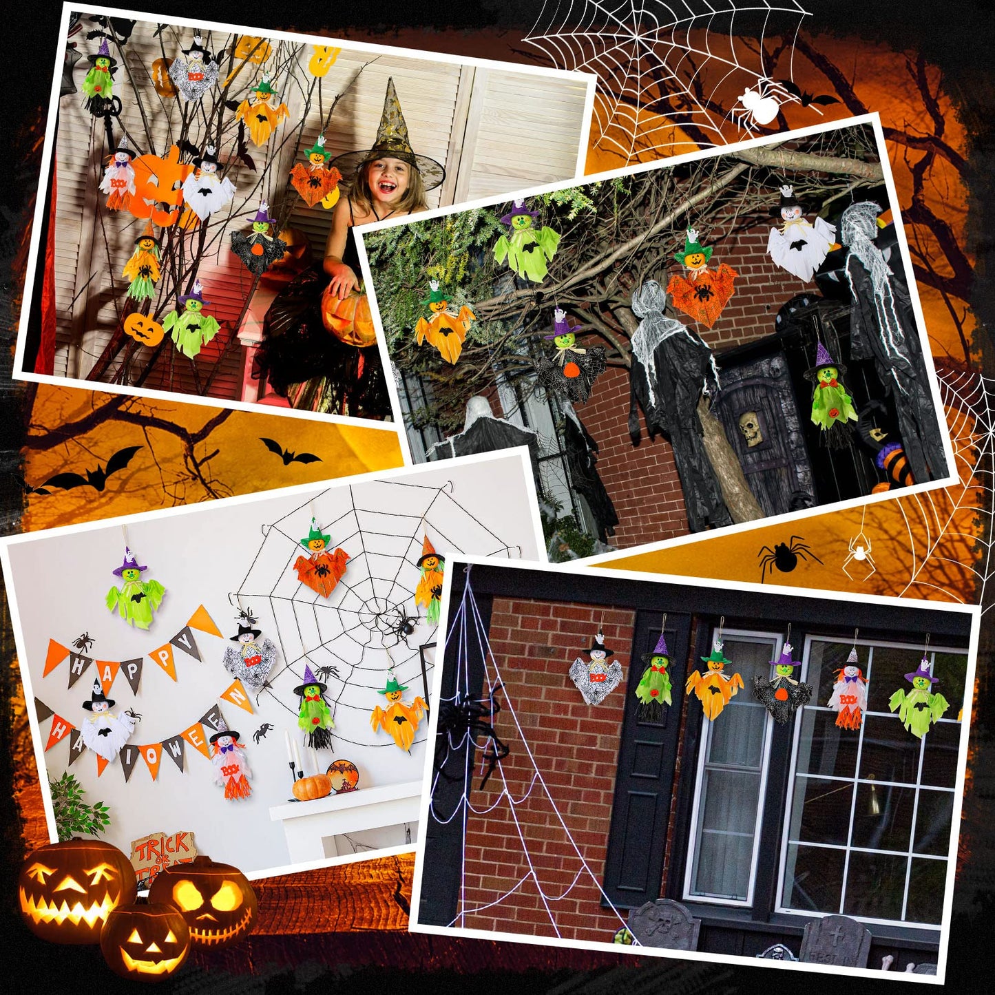 Zomiboo 9 Pack Halloween Decoration Hanging Ghost Pumpkins Decorations Tree Scary Pumpkin Witch Spider Bat Straw Windsock Pendant for Patio Lawn Garden Spooky Party