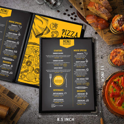 Henoyso 20 Pcs 8.5 x 11 Inch Menu Covers 4 Page 8 View Transparent Restaurant Covers Book Fits A4 Size Paper, Bar Cafe Clear Menu Holder Folder with Leatherette Trim and Decorative Corners, Black