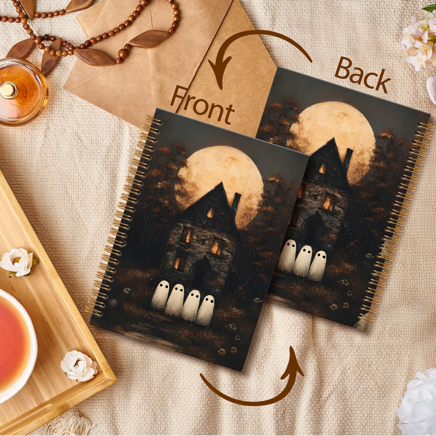 OINDADE Halloween Ghost Notebook Journal, Vintage Dark Moon Ghost Spiral Notebook, Autumn Fall Ghosts Notebooks Gifts for Women Men, Vintage Fall Halloween School Office Supplies, 6x8.2In