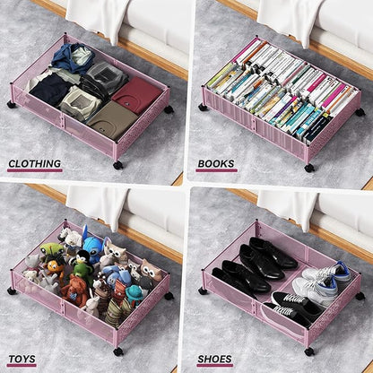 PHINOX Under the Bed Storage Containers with Wheels, Under Bed Storage, Under Bed Shoe Storage Organizer Drawer, Tool-free Assembly Metal Underbed Storage Containers -Pink