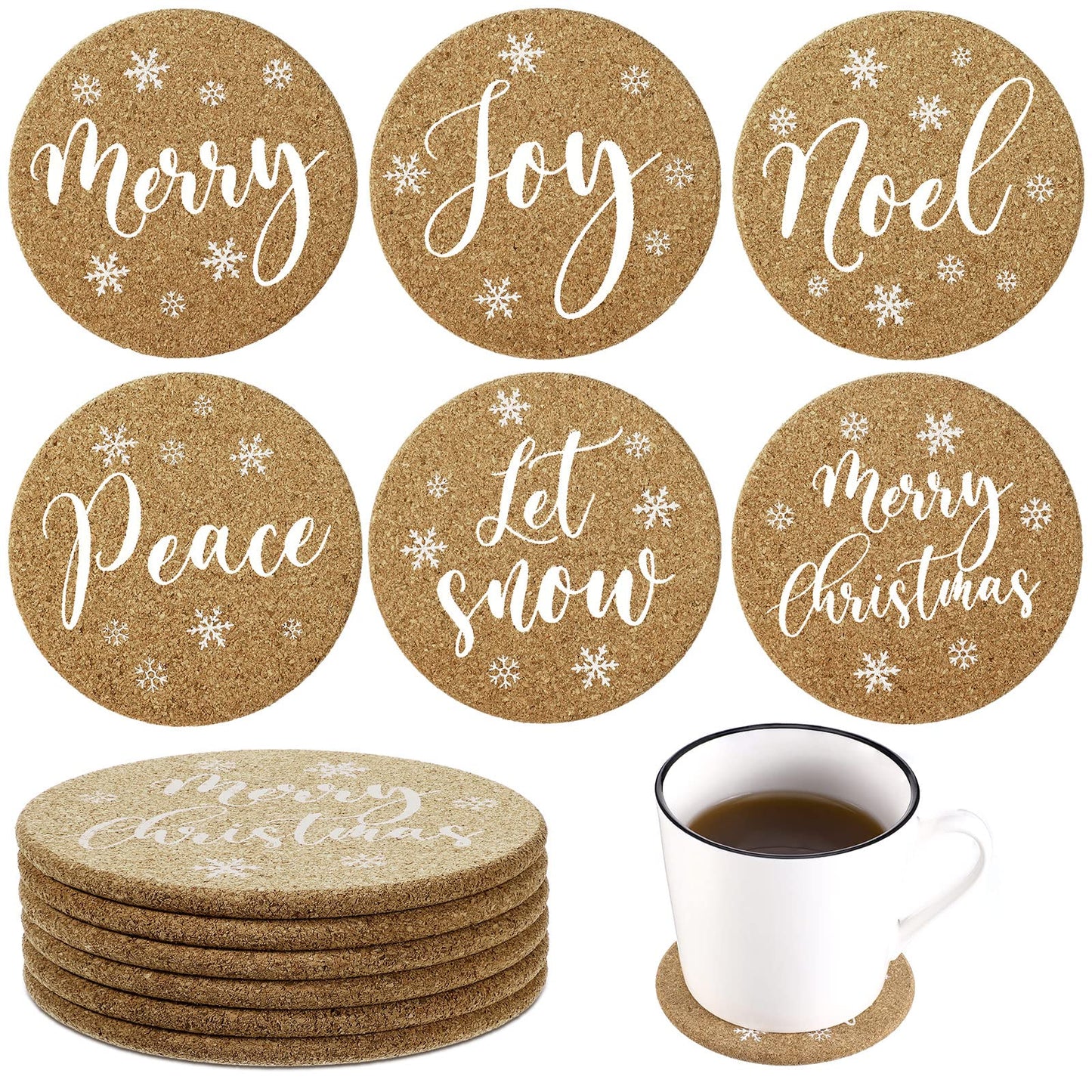 Patelai 6 Pieces Christmas Coasters Christmas Cork Coaster 4 Inch Round Shaped Farmhouse Coasters Heat-resistant Cup Mat Peace Joy Noel Printed Coasters for Drink, Cup, Mugs Living Bedroom Party Decor
