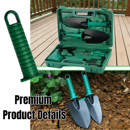 5-Piece Garden Tool Kit with Storage Case, Heavy Duty Gardening Tools Including Shovel, Trowel, Cultivator Rake, Pruners and Spray Bottle for Bonsai, Weeding and Yard Maintenance(Green-5)