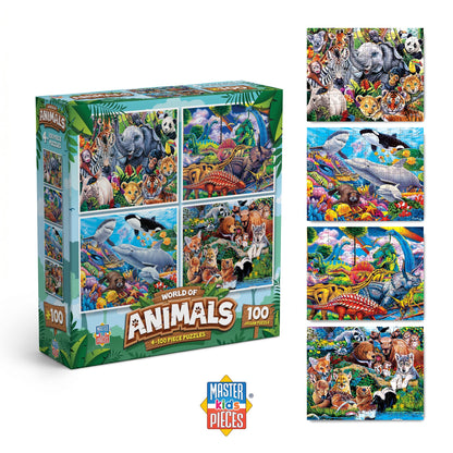 MasterPieces Jigsaw Puzzle Set for Kids, 4-Pack of 100 Piece Puzzles, Educational Animal Theme, Fun Game, Gift Idea, 8" x 10"