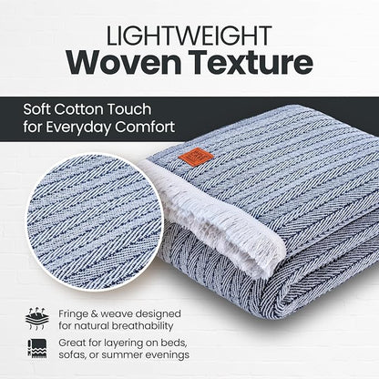 Gold Case Throw Blanket for Bed - 100% Recycled Turkish Cotton Blanket - Vintage Lightweight Soft Throw Blankets for Bed & Living Room - Queen Size Cozy Blankets - 90x90 - Navy Blue