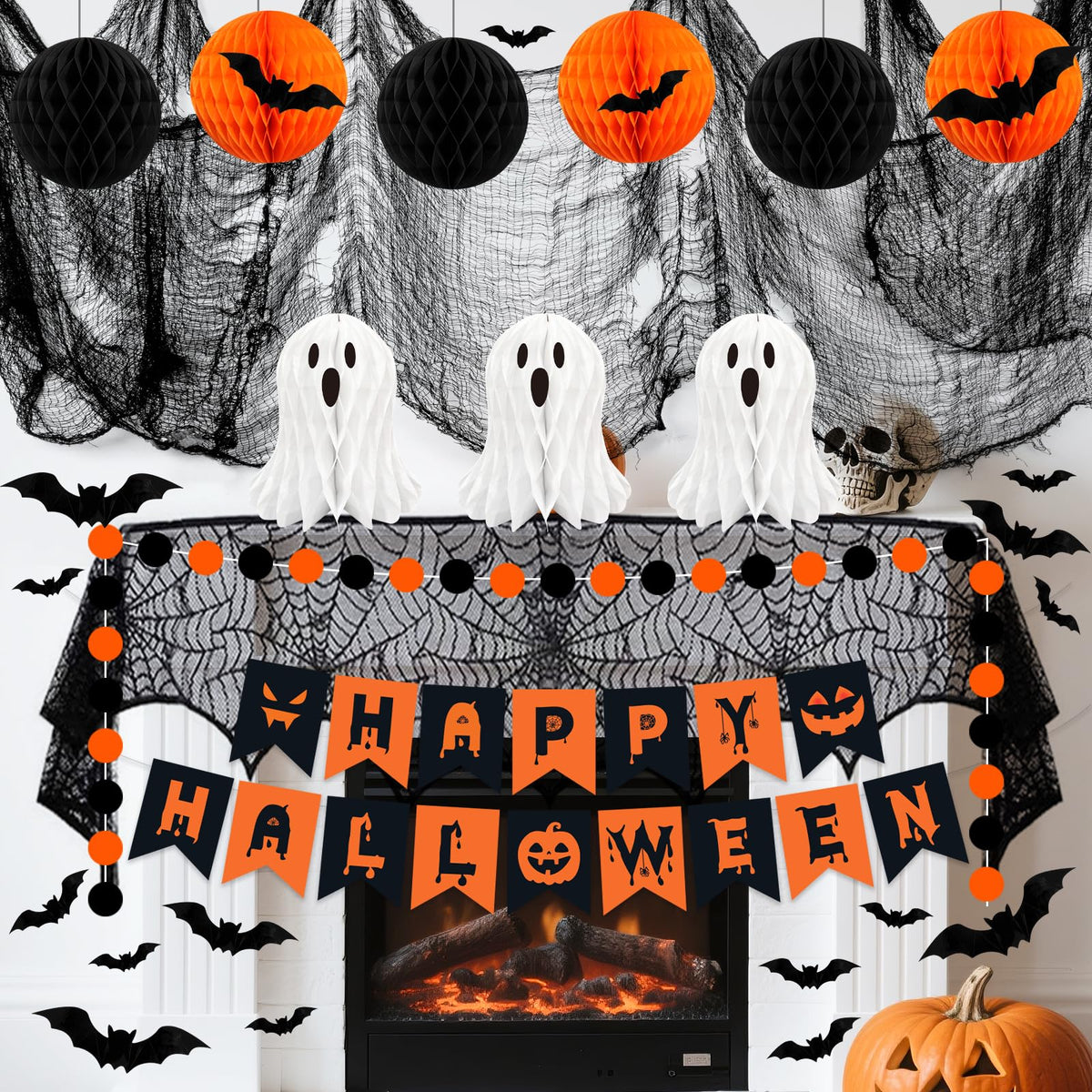 Halloween Party Decorations, 29Pcs Halloween Indoor Decorations Kit with Mantel Scarf Creepy Cloth Fabric Hanging Ghost Happy Halloweens Banner 3D Bat Stickers for Home Fireplace Wall Decor