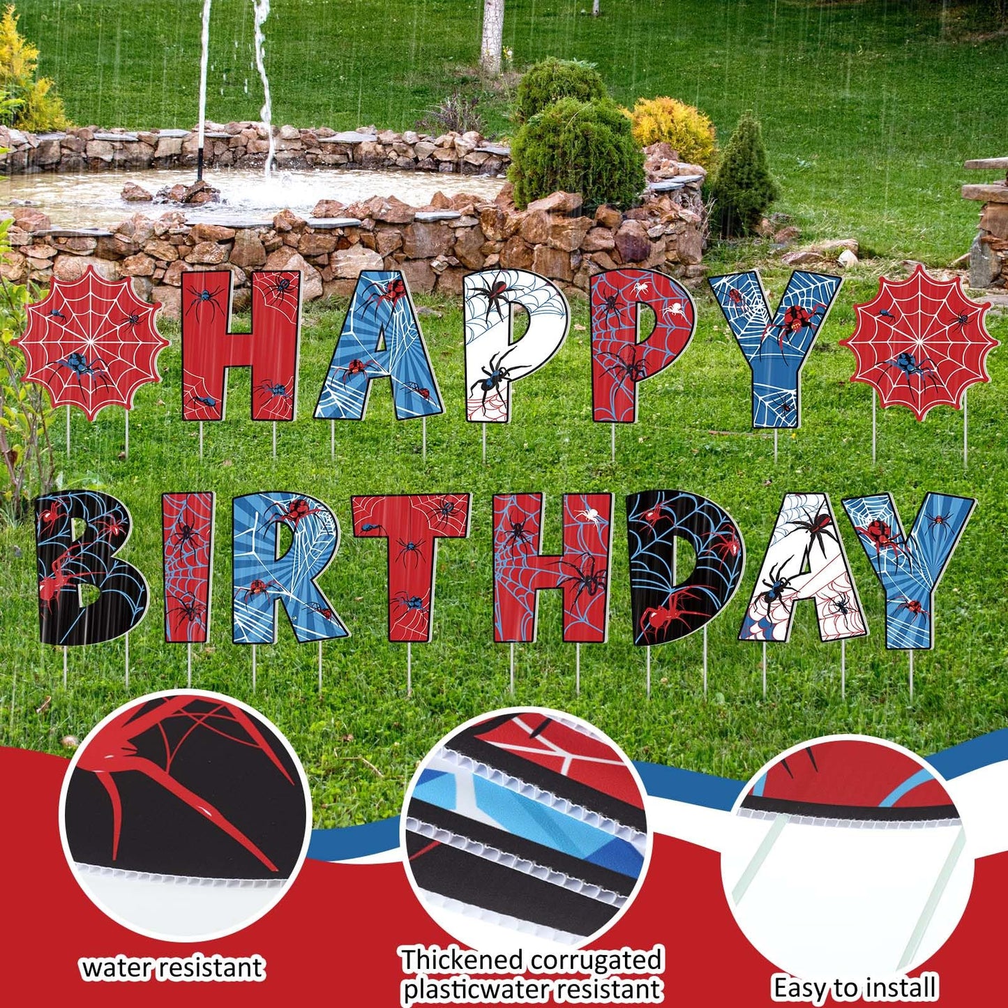 GlikCeil 15 Pcs Spider Happy Birthday Yard Signs with Metal Stakes Happy Birthday Letter Lawn Signs Spider Theme Party Favors Decorations for Outdoor Yard Lawn