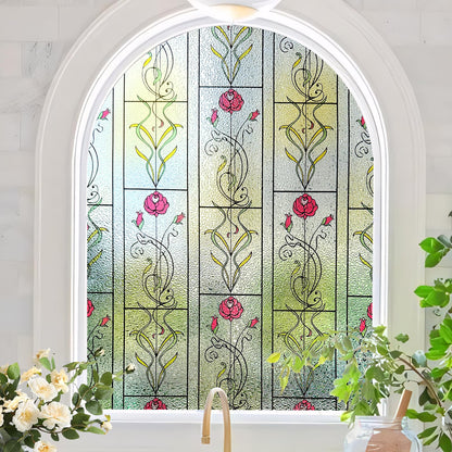 KESPEN WINDOW FILMS Window Privacy Film Stained Glass Frosted Glass Films Decorative Window Film with Rose Flower Static Cling Non-Adhesive Stickers Heat Control for Home, 17.5 Inch X 6.5 Feet