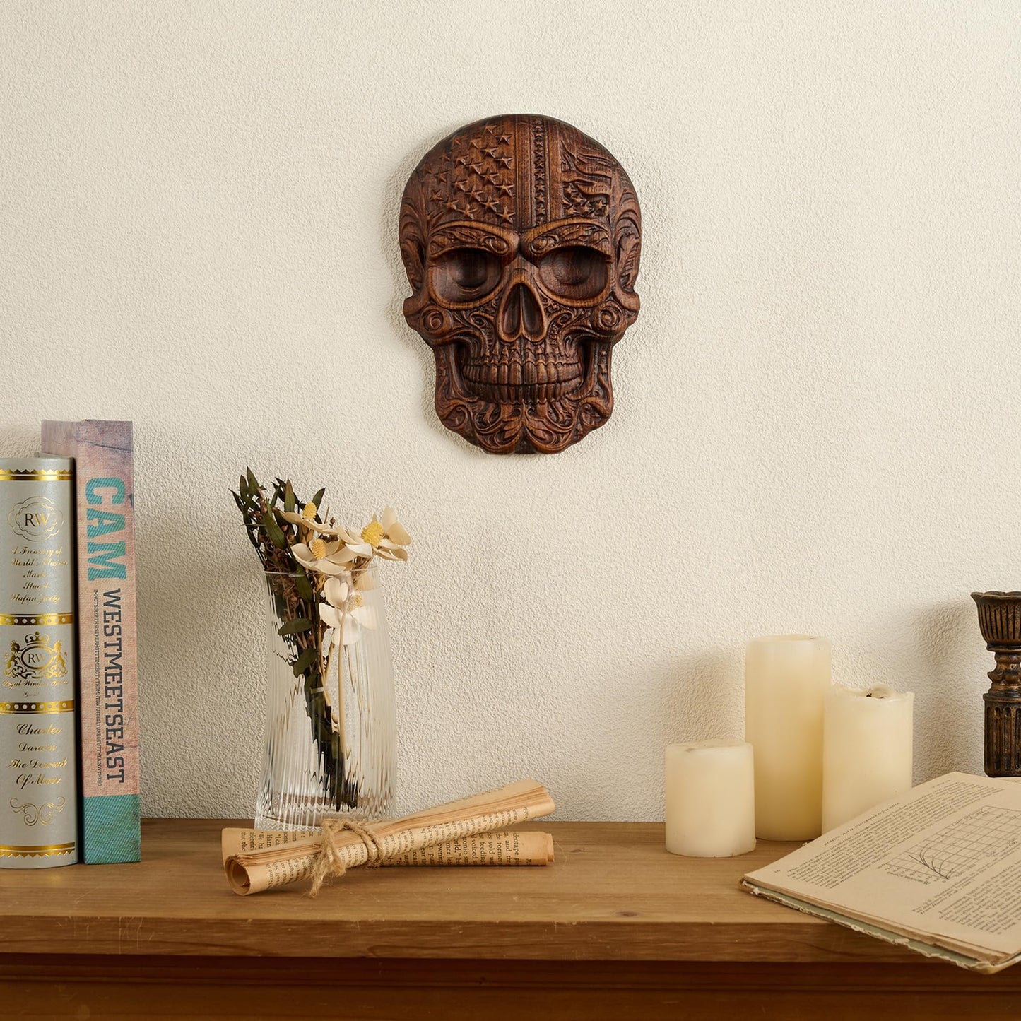 bgcarpenter Wooden Skull Statue with USA Flag, Handmade Skull Wall Decor, Human Head Model Halloween (8 Inch)