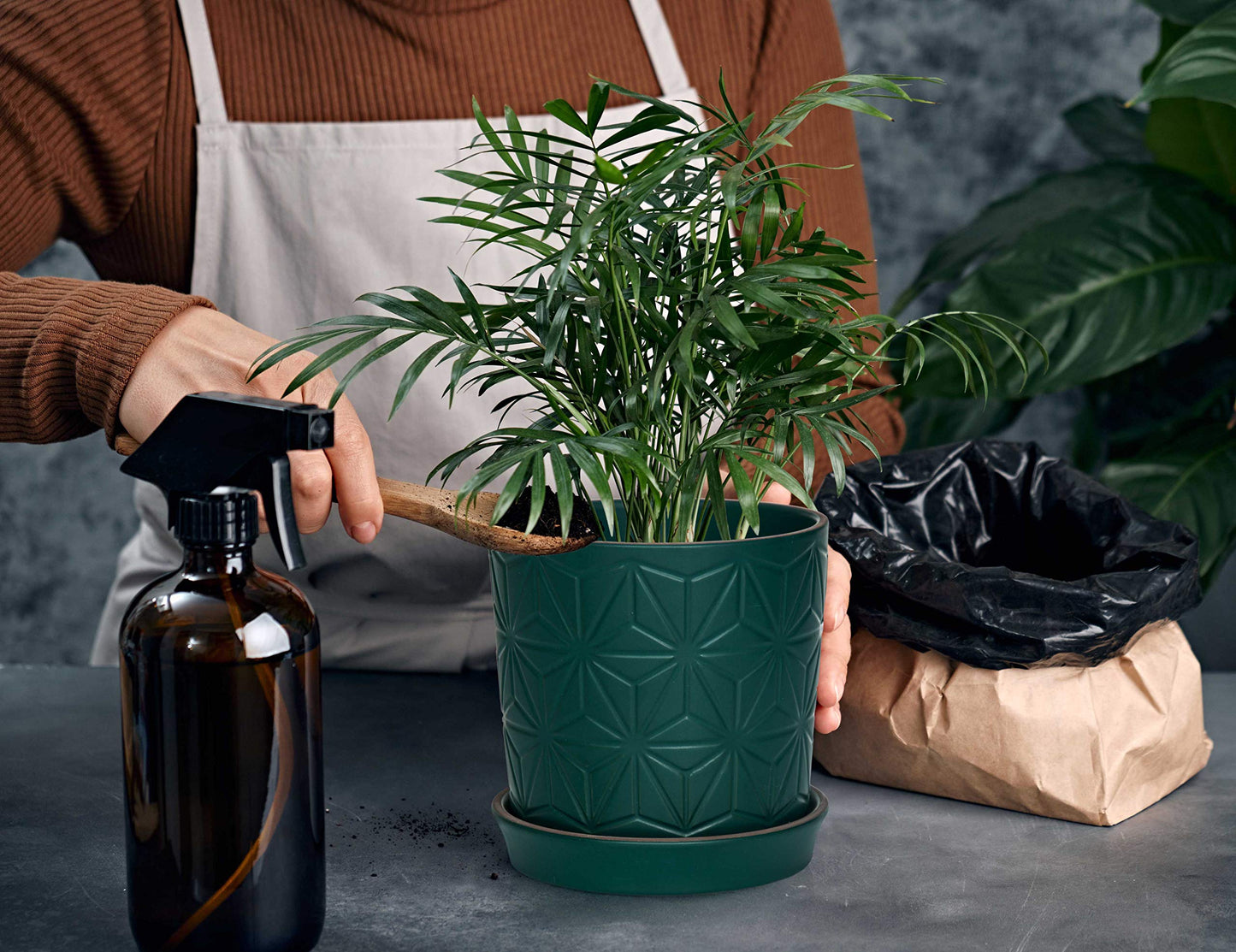 D'vine Dev Ceramic Flower Plants Pots Planter, 3.8 Inch 5.8 Inch Stoneware Planter Pot with Drainage Hole and Saucer, Set of 2, Dark Blue Green, 99-E-4