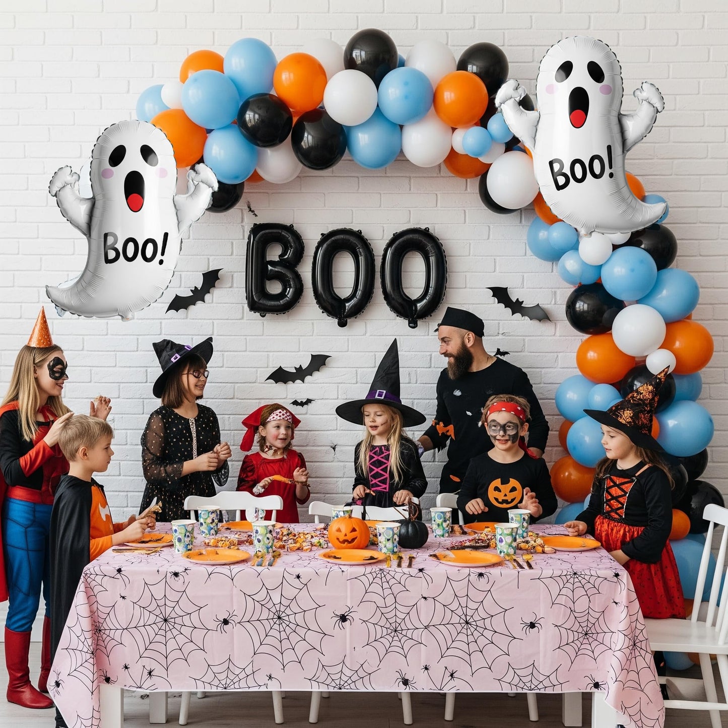 Halloween Balloon Garland Arch Kit - 114Pcs Black Blue Orange Balloons with Ghost Bat Boo Foil Balloons for A Little Boo Is Almost Due Baby Shower, Spooky Theme Indoor Outdoor Party Decorations