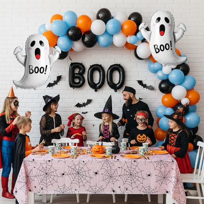 Halloween Balloon Garland Arch Kit - 114Pcs Black Blue Orange Balloons with Ghost Bat Boo Foil Balloons for A Little Boo Is Almost Due Baby Shower, Spooky Theme Indoor Outdoor Party Decorations