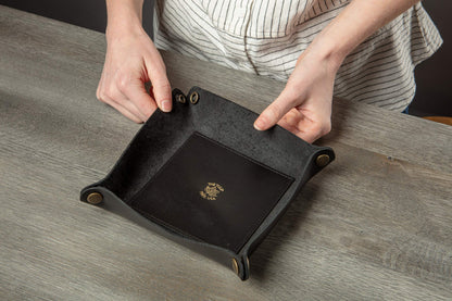 USA Handmade Premium Leather Valet Tray, Folds Flat! Dice Rolling Basket and Organizer with Brass Snaps - for Keys, Jewelry, Coin, EDC, Watch Storage Caddy - Black Medium